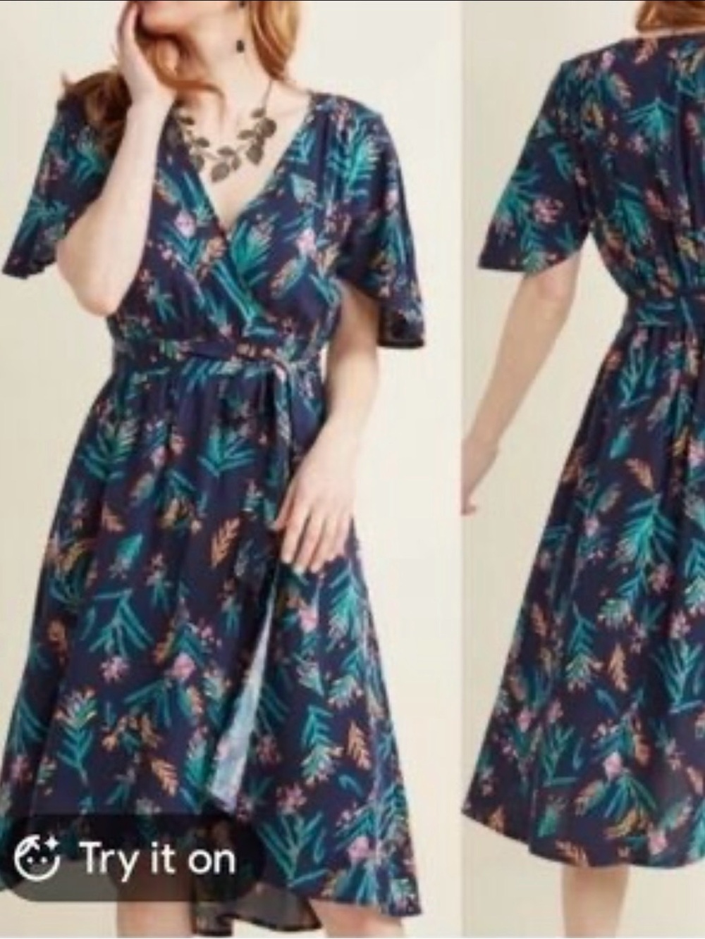 ModCloth Navy Botanical Faux Wrap Midi Dress XS Boho Cottagecore Romantic